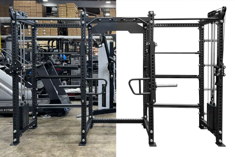 Gym power rack shown twice, once in the warehouse and once cut out on white