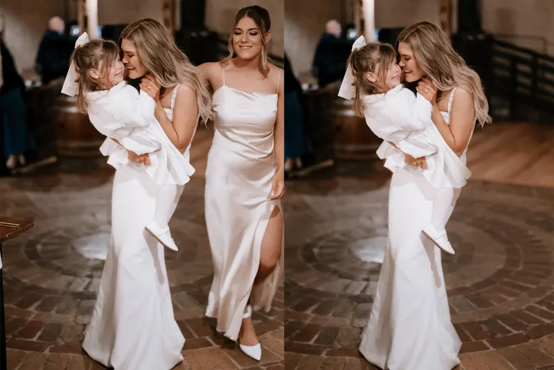 Before and after of a guest removed from the frame: a woman in a satin gown carrying a flower girl
