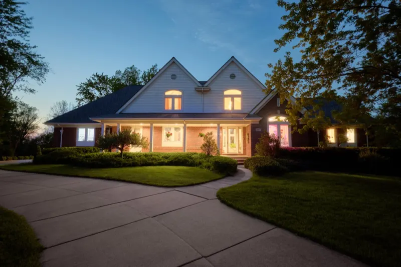 Two-storey home lit warm at dusk, its windows glowing over a sweeping driveway